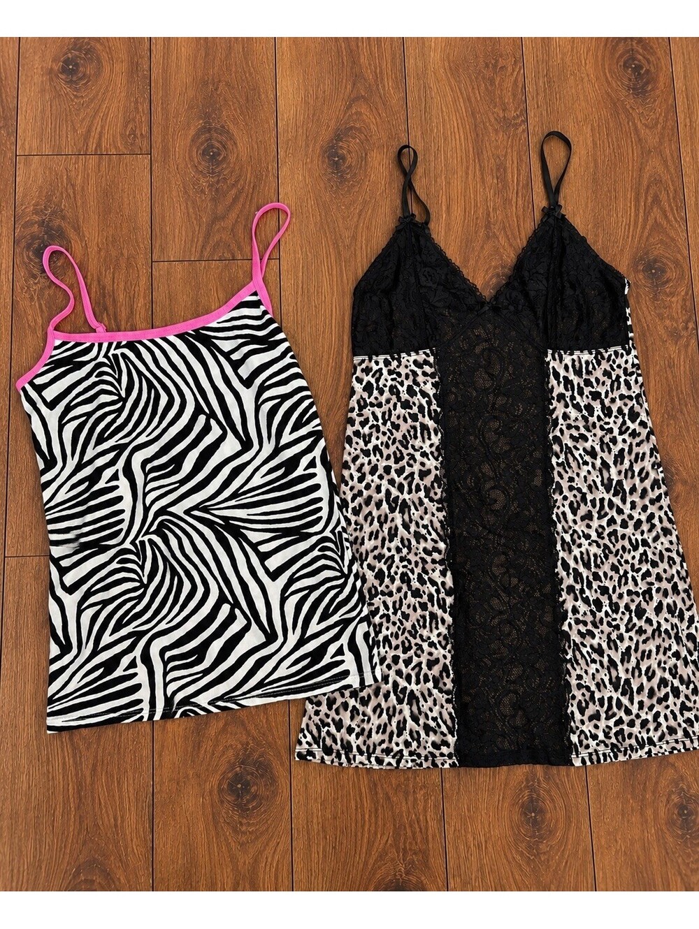 2 Pc Women’s Lingerie Lot Zebra Print & Leopard Lace Chemise Slip Nightgowns
